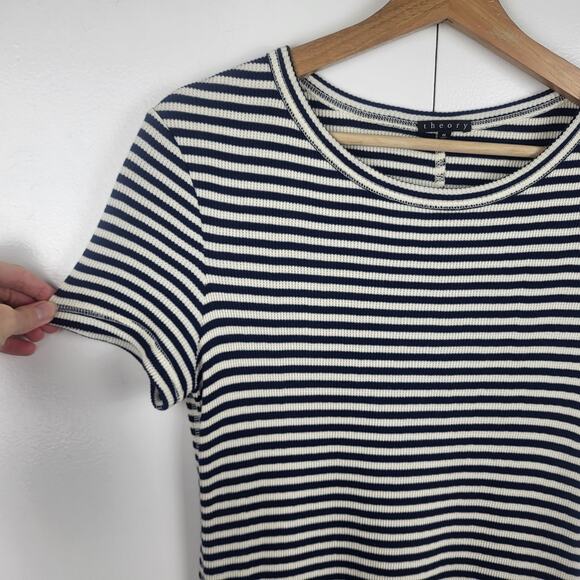 Theory Everyday Black White Cotton Stripe Crewneck T- Shirt Mini Dress | Medium - Picture 9 of 11